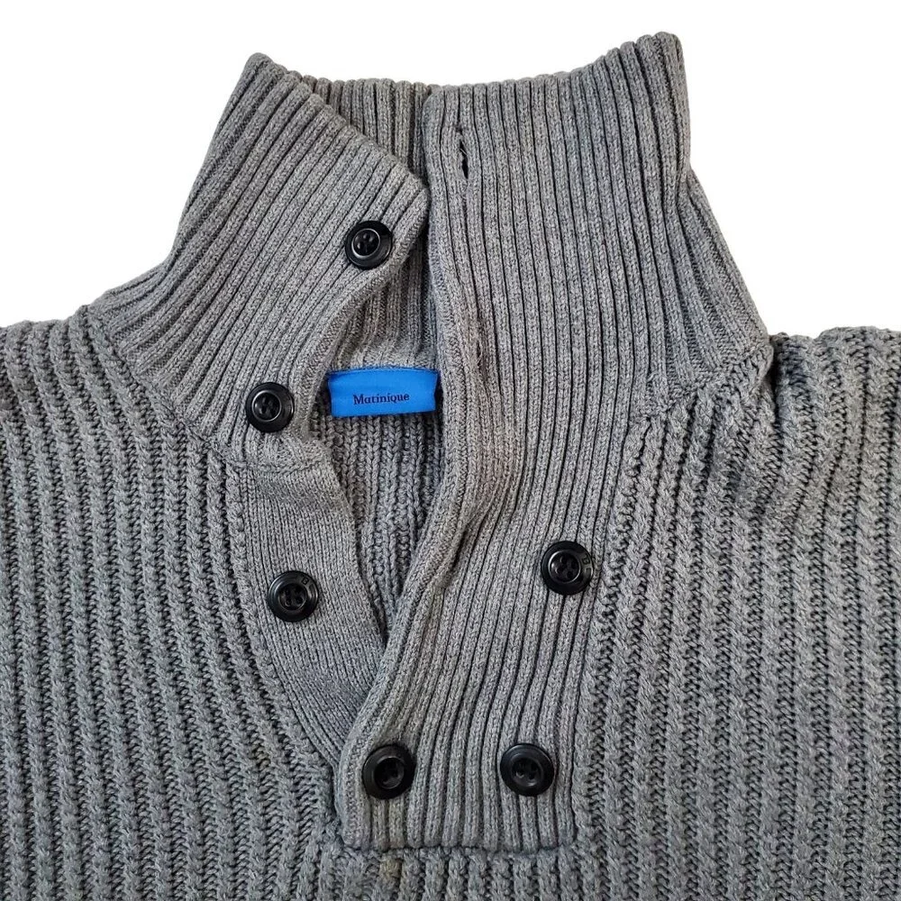 Matinique Henley Funnel Neck 100% Cotton Heavy Cable Knit Sweater Gray Size L